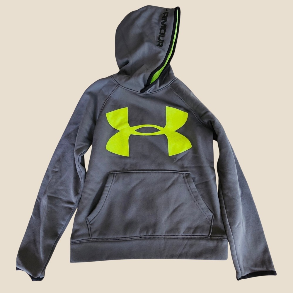 Under Armour Boys Gray Neon Yellow Logo Pullover Hoodie Kangaroo Pocket Small